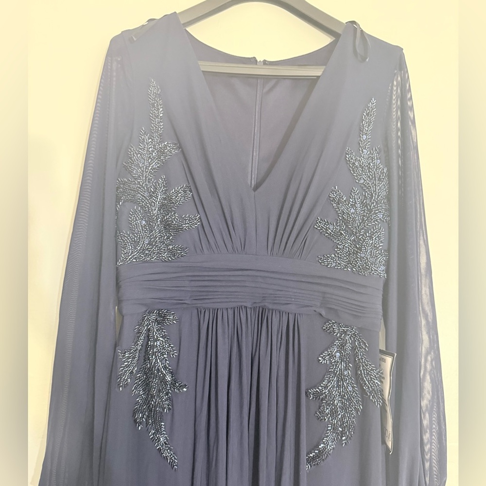 Betsy & Adam Navy Beaded Long Sleeve V-Neck Gown - Picture 2 of 5